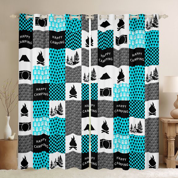 Homewish Happy Camping Black Out Curtains for Boys Girls,Adventure Theme Curtains Pack of 2 (42x63 Each),Geometric Plaid Grid Bedroom Curtains,Microfiber Bedroom Decor