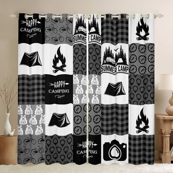 Homewish Happy Camping Black Out Curtains,Rustic Outdoor Adventure Curtains Pack of 2 (42x63 Each),Gray White Bedroom Curtains For Teens,Ultra Soft Home Decor