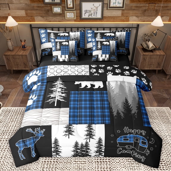 Homewish Happy Camping Camper 7pcs Bedding Comforter Set,Rustic Farmhouse Cabin Queen Bedding Sets,Jungle Animal Deer Queen Sheet Sets For Teens,Breathable Home Decor Reversible