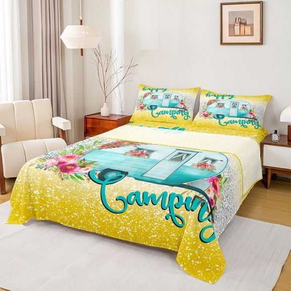 Homewish Happy Camping Camper Bed Sheets,Blue Rv Car King Sheets,Chic Floral Sheet Set For Teens Girls,Super Cozy Room Decor,4pcs