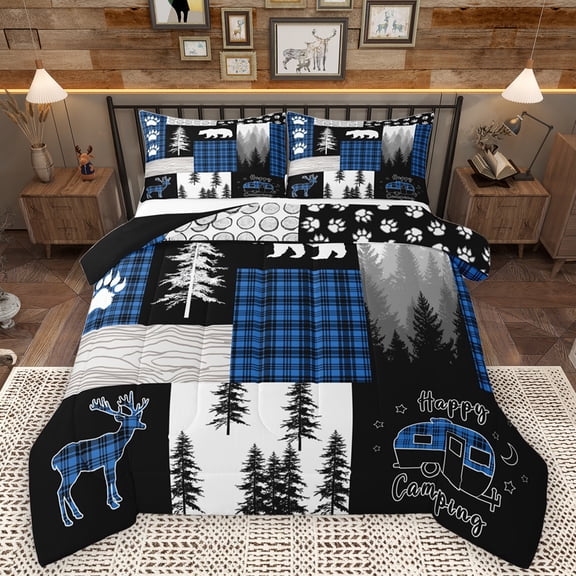 Homewish Happy Camping Camper Bedding Comforter Set,Rustic Farmhouse Cabin Twin Comforter Sets,Jungle Animal Deer Bedding Set For Teens,Breathable Home Decor Reversible,2-Piece