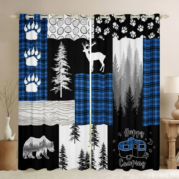 Homewish Happy Camping Camper Curtains Pack of 2 (42x84 Each),Rustic Farmhouse Cabin Curtains Blackout,Blue Gray Black Bedroom Curtains For Teens,Breathable Home Decor