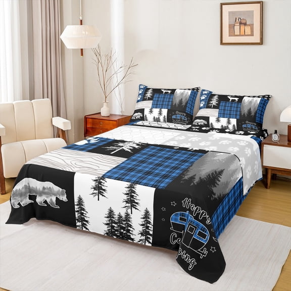 Homewish Camping Blue Gray Queen 4-Piece Reversible Teens Rustic Farm Cabin Camper Sheet Set