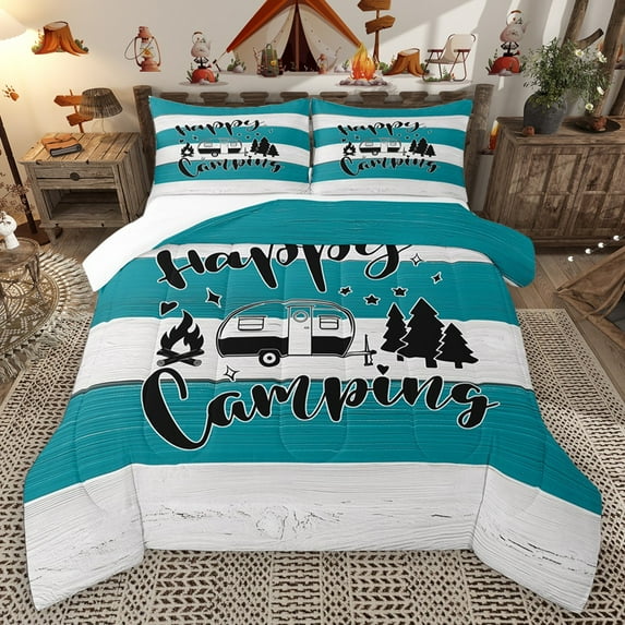 Homewish Happy Camping Car 3 Pieces Queen Comforter Set for Kids Children Teens,Retro Vintage Ultra Soft Bedding Sets,Lodge Cabin Bedding Comforter Set Breathable,Super Cozy Room Decor
