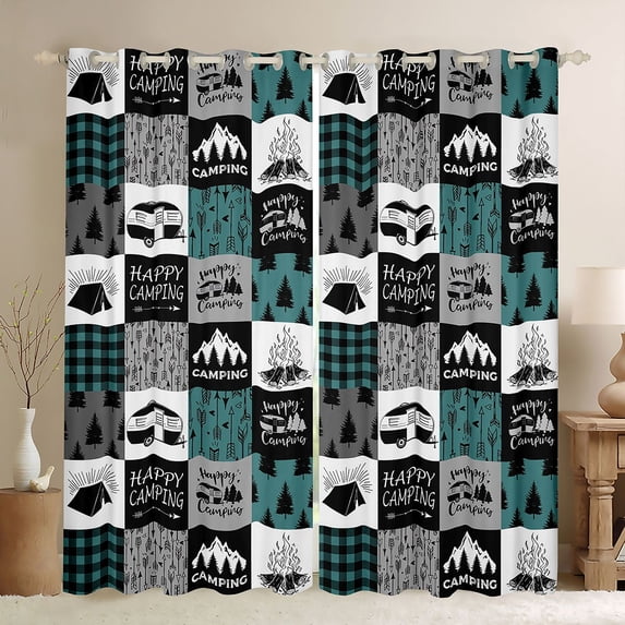 Homewish Happy Camping Curtains Pack of 2 (42x84 Each),Camper Theme Curtains Blackout,Patchwork Geometric Plaid Bedroom Curtains For Children,Microfiber Bedroom Decor