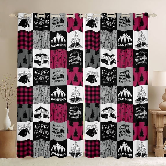Homewish Happy Camping Curtains Pack of 2 (42x84 Each),Rustic Farmhouse Cabin Curtains Blackout,Red Gray Black Bedroom Curtains For Teens,Ultra Soft Home Decor