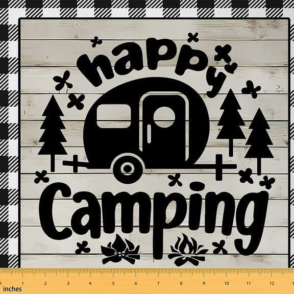 Homewish Happy Camping Fabric by the Yard 1 Yard,Camper Car Rv Home Decor Fabric by the Yard, White Black Plaid Grid Sewing Fabric For Boys Girls,Luxury Bedroom Decor