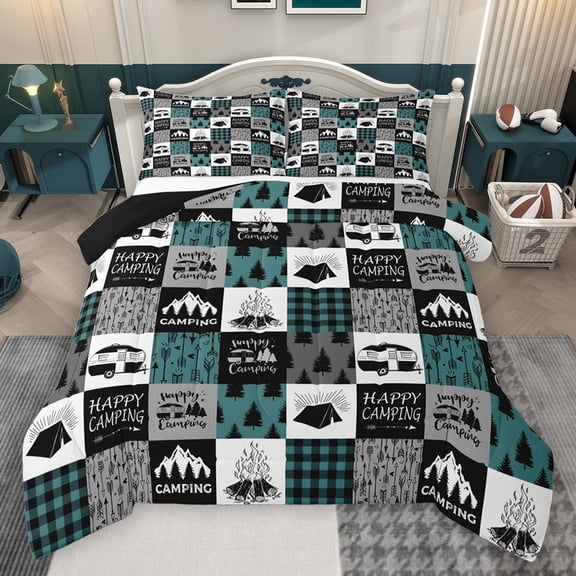 Homewish Happy Camping Full Size Comforter Sets,Camper Theme Bedding Comforter Set,Patchwork Geometric Plaid Bedding Sets For Children,Microfiber Bedroom Decor Reversible,3 Pieces