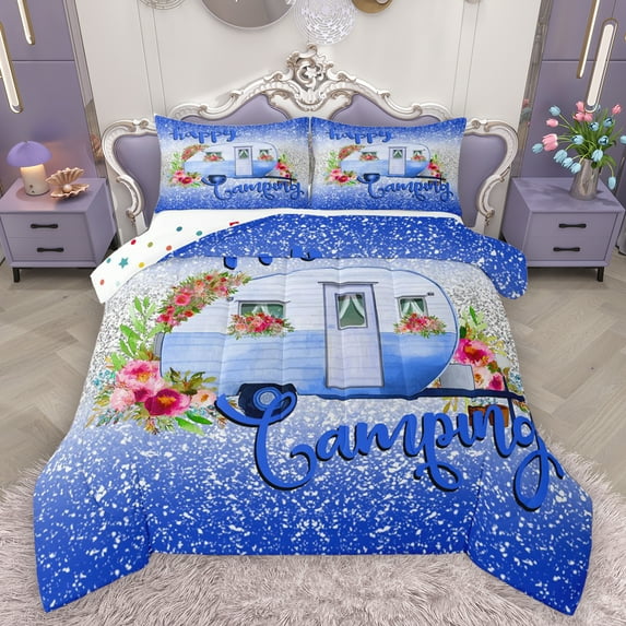 Homewish Happy Camping Full Size Comforter Sets,Camper Theme Bedding Comforter Set,Rustic Flower Floral Bedding Sets For Children,Microfiber Bedroom Decor Reversible,3 Pieces
