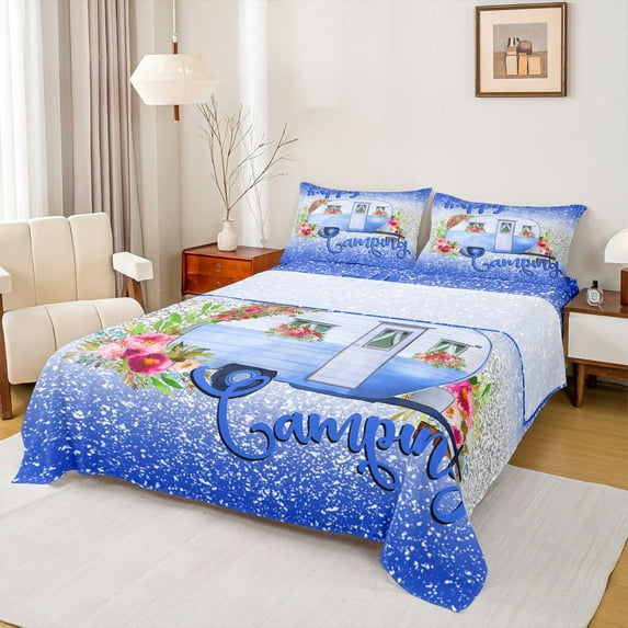 Homewish Happy Camping Full Size Sheets,Camper Theme Bed Sheets,Rustic Flower Floral Sheet Sets For Children,Microfiber Bedroom Decor,4 Pieces