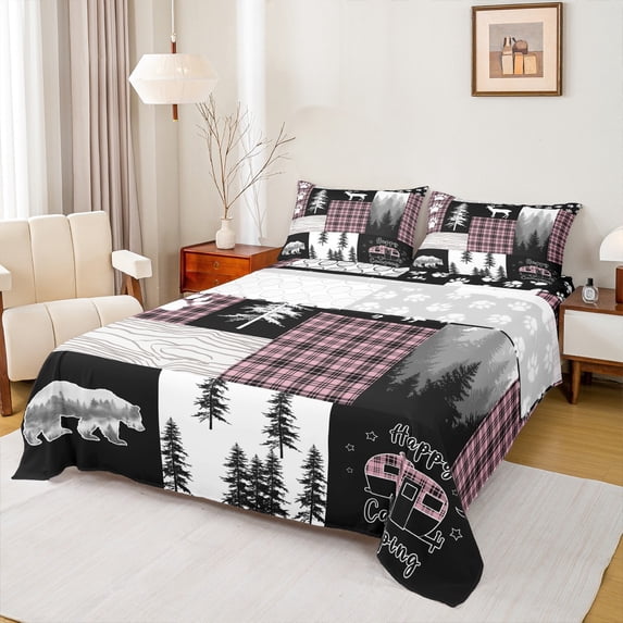 Homewish Happy Camping Full Size Sheets,Safari Deer Bear Bed Sheets,Country Farmhouse Lodge Sheet Sets For Men Women,Ultra Soft Home Decor,4pcs