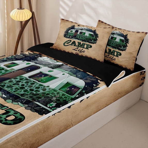 Homewish Happy Camping Kids Zipper Twin Comforter Sets with Fitted Sheet and 2 Pillowcases, Cartoon RV Car Zipper Bedding Set, Black Reversible, 4pcs