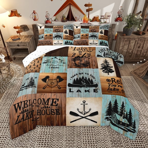 Homewish Happy Camping Queen Comforter Set,Adventure Camper Bedding Sets,Rustic Farmhouse Cabin Bedding Comforter Set For Boys Teens,Ultra Soft Home Decor Reversible,3 Pieces
