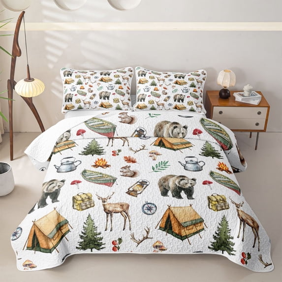 Homewish Happy Camping Quilt Full For Kids,Wild Bear Deer Full Bedspread Sets,3 Pieces