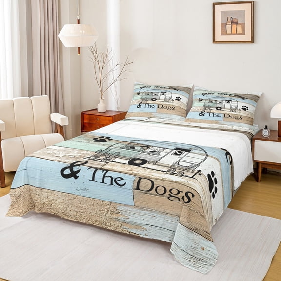Homewish Happy Camping Twin Sheet Sets,Country Farmhouse Lodge Twin Fitted Sheet,Kawaii Puppy Dogs Paws Flat Sheet For Kids,Breathable Home Decor,3 Pieces