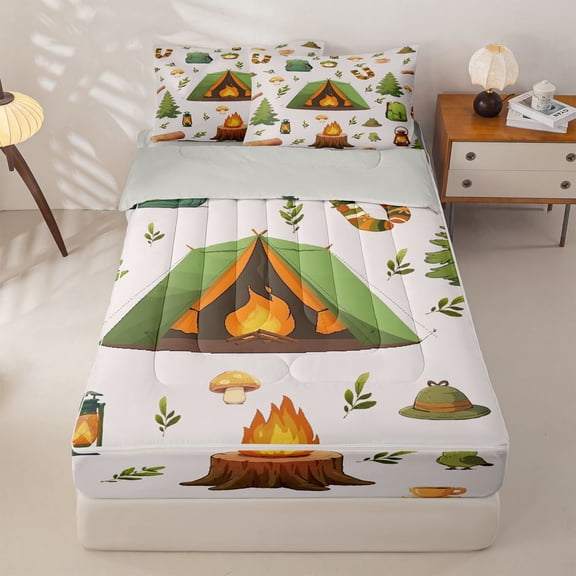 Homewish Happy Camping Zipper Twin Comforter Sets with Fitted Sheet and 2 Pillowcases,Rustic Cabin Zipper Bedding Set For Boys Kids,Reversible,4-Piece