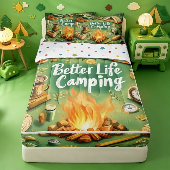 Homewish Happy Camping Zipper Twin Comforter Sets with Fitted Sheet and 2 Pillowcases,Rustic Camper Adventure Themed Zipper Bedding Set For Boys,Polkadot Reversible,4pcs