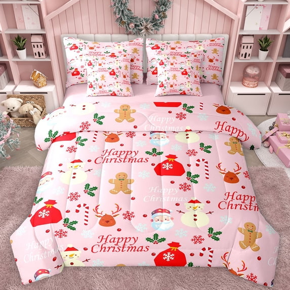Homewish Happy Christmas 7 Pieces Bedding Comforter Set,Cute Santa Claus Full Bedding Set,Sweet Candy Cnae Fitted Sheet Flat Sheet For Girl Kids,Breathable Home Decor Reversible