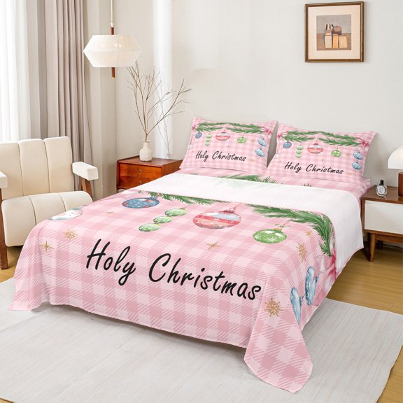 Homewish Happy Christmas Bed Sheets,Holy Xmas King Sheets,Pink Classic Plaid Sheet Set For Teens,Breathable Home Decor,4 Pieces