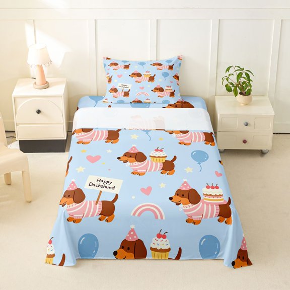 Homewish Happy Dachshund Print Twin Sheets,Rainbow Heart Stars Bedding,Blue Balloons Decor,3-Piece,1 Fitted Sheet and 1 Pillowcase