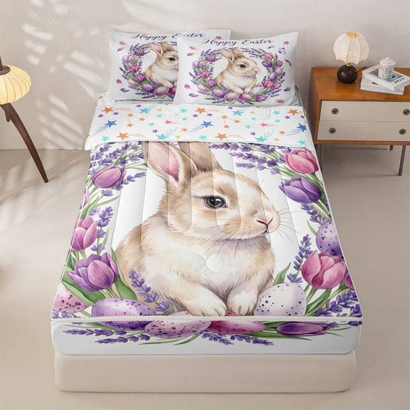 Homewish Happy Easter Eggs Zipper Twin Comforter Sets with Fitted Sheet and 2 Pillowcases,Pink Tulip Floral Purple Blossom Lavender Zipper Bedding Set For Girls,Reversible,4 Pieces