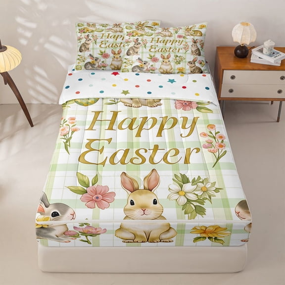 Homewish Happy Easter Rabbit Zipper Twin Comforter Sets with Fitted Sheet and 2 Pillowcases,Retro Watercolor Easter Eggs Zipper Bedding Set For Girls Kids,Reversible,4 Pieces