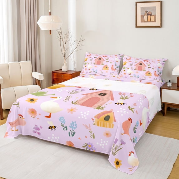 Homewish Happy Farmhouse Queen Sheet Sets,Cartoon Country Bee Flat Sheet,Rustic Flower Floral Queen Fitted Sheet For Girl Kids,Breathable Home Decor,4 Pieces
