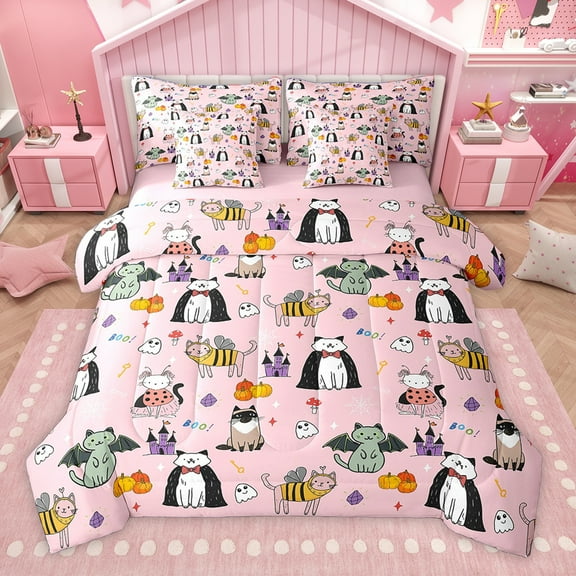 Homewish Happy Halloween 7-Piece Twin Bedding Sets,Pet Kitten Lovers Bedding Comforter Set,Pumpkin Purple Castle Sheet Sets For Boys,Luxury Bedroom Decor Reversible