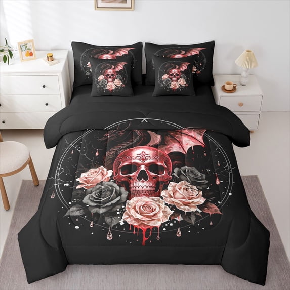 Homewish Happy Halloween 7-Piece Twin Bedding,Skull Rose Dragon Bedding Comforter Set,Black Red,Black Reversible