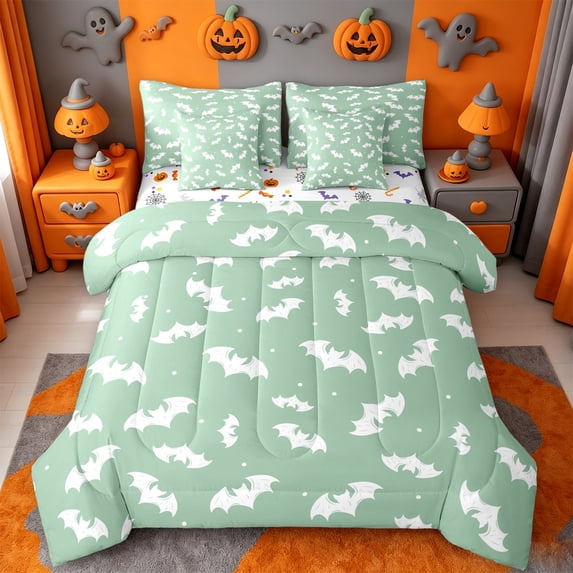 Homewish Happy Halloween Bat 7-Piece Twin Bedding,White Silhouette Dot Print Bedding Comforter Set,Mint Green,Halloween Reversible