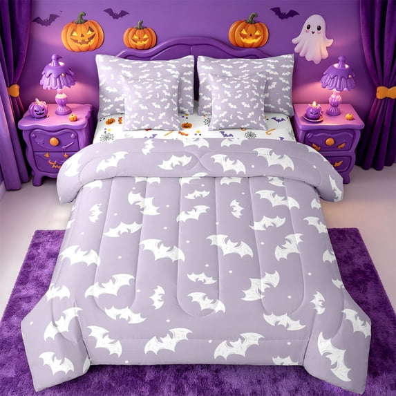 Homewish Happy Halloween Bat 7pcs Queen Bedding,White Silhouette Tiny Pattern Bedding Comforter Set Queen,Light Lavender,Halloween Reversible