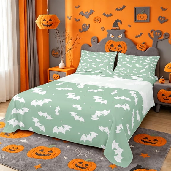 Homewish Happy Halloween Bat Queen Sheets,White Silhouette Dot Print Queen Sheet Sets,Mint Green,4 Pieces,1 Flat Sheet,1 Fitted Sheet and 2 Pillowcases