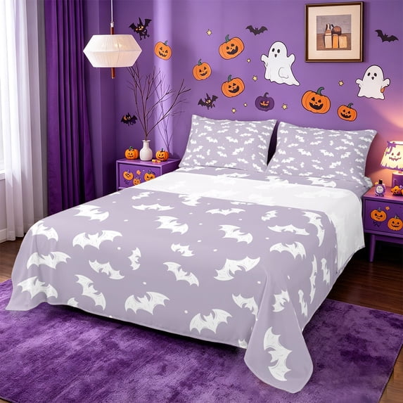 Homewish Happy Halloween Bat Queen Sheets,White Silhouette Tiny Pattern Queen Sheet Sets,Light Lavender,4-Piece,1 Flat Sheet,1 Fitted Sheet and 2 Pillowcases