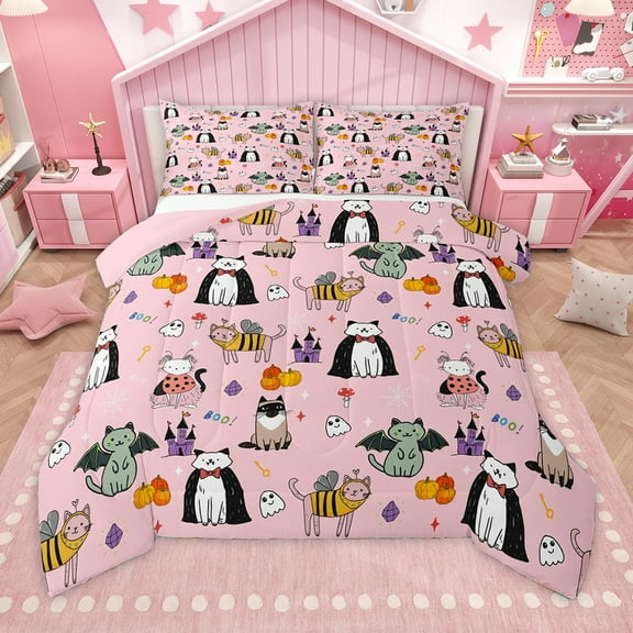 Homewish Happy Halloween Twin Comforter Set,Pet Kitten Pumpkin Castle,Luxury Reversible Decor For Boys,2-Piece