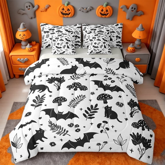 Homewish Happy Halloween Black Cat 7-Piece Twin Bedding,Bat Mushroom Foliage Print Bedding Comforter Set,White Black,Light Gray Reversible
