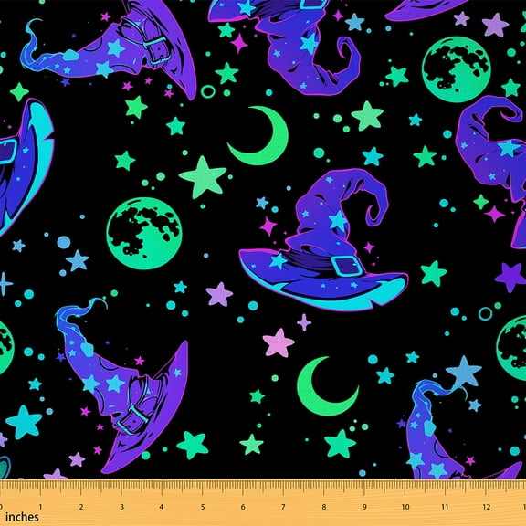 Homewish Happy Halloween Fabric by the Yard 1 Yard,Purple Witch'S Hat Home Decor Fabric by the Yard,Heart Moon Stars Print Sewing Fabric For Boys Girls,Breathable Home Decor