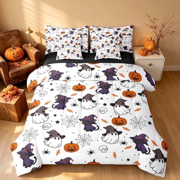 Homewish Happy Halloween Full Size Bedding Sets, Cartoon Pumpkin Lantern Ghost Full Size Bed in a Bag, Orange White, Black Reversible 7 Pieces