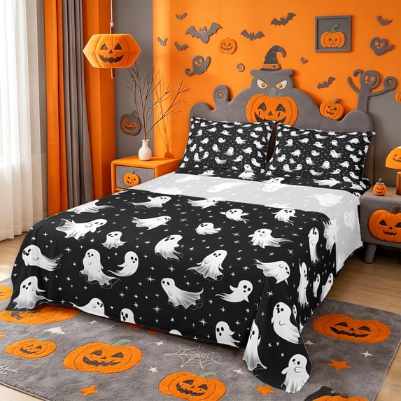 Homewish Happy Halloween Ghost Queen Sheets,Tiny Dot Print Queen Sheet Sets,Black White,4-Piece,1 Flat Sheet,1 Fitted Sheet and 2 Pillowcases