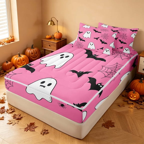 Homewish Happy Halloween Ghost Spider Zipper Twin Comforter Sets with Fitted Sheet and 2 Pillowcases for Girls, Cartoon Bat Web Zipper Bedding Set, Pink Black White, Pink Reversible