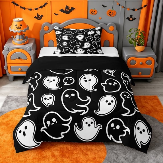 Homewish Happy Halloween Ghost Twin Comforter Sets,Outline Spooky Pattern Bedding Set,Black White,Black Reversible,2pcs,1 Comforter and 1 Pillowcase