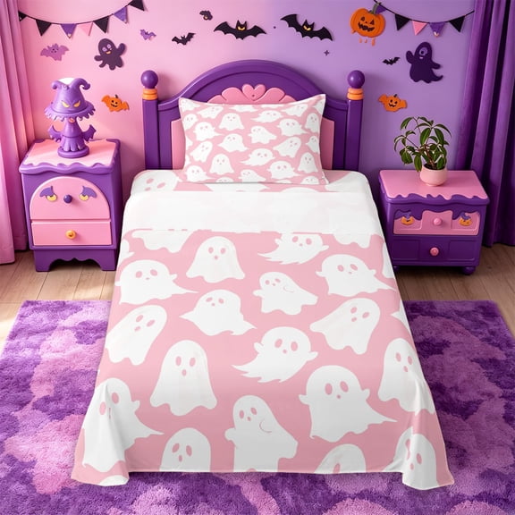 Homewish Happy Halloween Ghost Twin Sheets,Pastel Cartoon Print Bedding,Pink White,3pcs,1 Fitted Sheet and 1 Pillowcase
