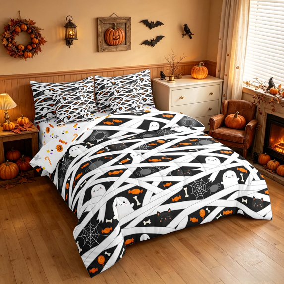 Homewish Happy Halloween King Bedding, Cartoon Spooky Animal King Bed in a Bag, Black White Orange, Pumpkin Bat Reversible 7 Pieces