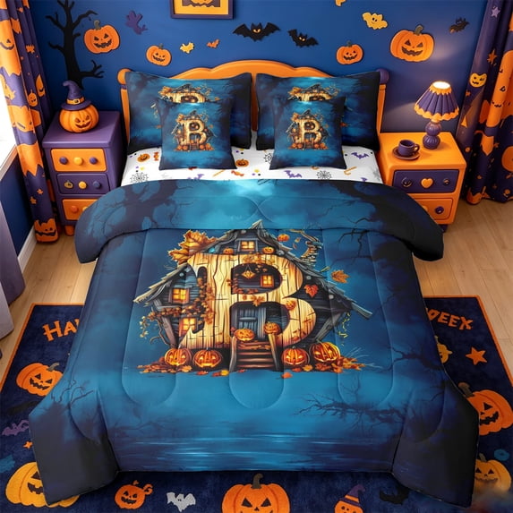 Homewish Happy Halloween Letter Print 7-Piece Twin Bedding,Pumpkin Lantern House Monogrammed B Bedding Comforter Set,Halloween Reversible