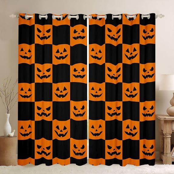 Homewish Happy Halloween Pumpkin Kitchen Curtains, Geometric Checkered Black Out Curtains Pack of 2 (42x63 Each), Orange Black