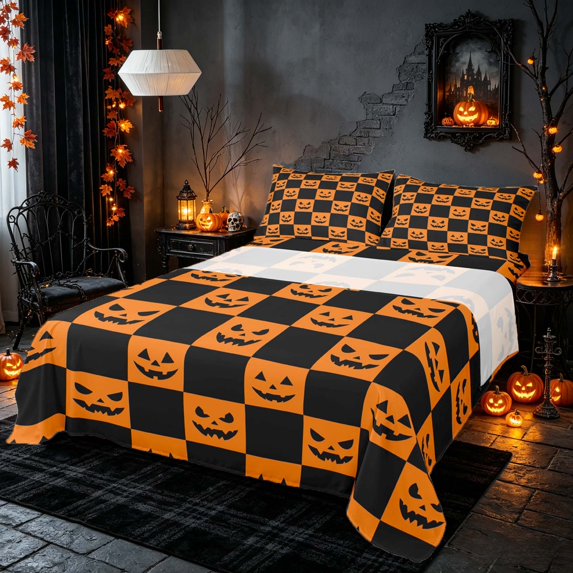 Homewish Happy Halloween Pumpkin Queen Sheets, Geometric Checkered Queen Sheet Sets, Orange Black, 4-Piece (1 Flat Sheet, 1 Fitted Sheet and 2 Pillowcases)