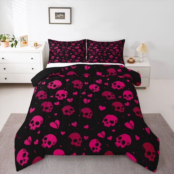 Homewish Happy Halloween Skull Full Size Comforter Sets,Pink Heart Bedding Comforter Set,Black Reversible,3 Pieces,1 Comforter and 2 Pillowcases