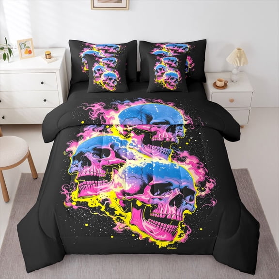 Homewish Happy Halloween Theme 7-Piece Twin Bedding,Colorful 3D Skull Print Bedding Comforter Set,Black Reversible