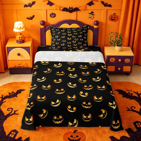 Homewish Happy Halloween Theme Twin Sheets,Spooky Pumpkin Lantern Pattern Bedding,Black Orange,3pcs,1 Fitted Sheet and 1 Pillowcase