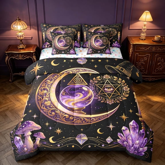 Homewish Happy Halloween Twin Bedding for Kids, Witch Divination Bedding Comforter Set, Colorful Stars Reversible 7 Pieces