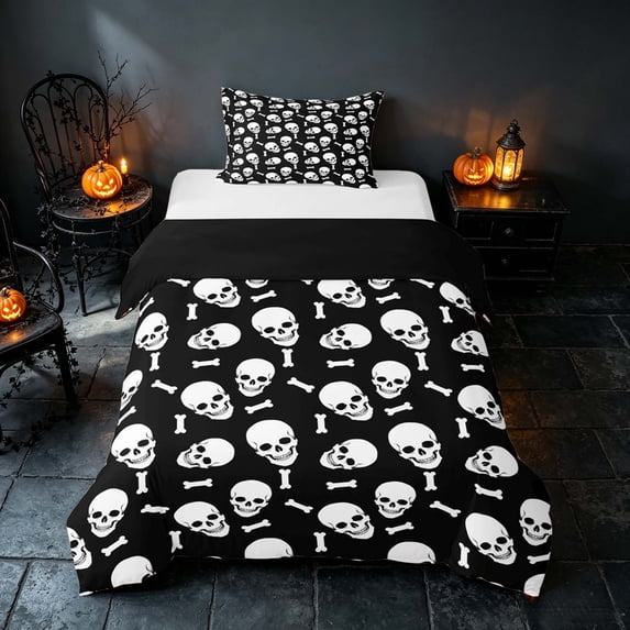 Homewish Happy Halloween Twin Duvet Cover, Gothic Skull Bone Twin Bedding, Black White, Black Reversible 2 Pieces, 1 Duvet Cover and 1 Pillowcase
